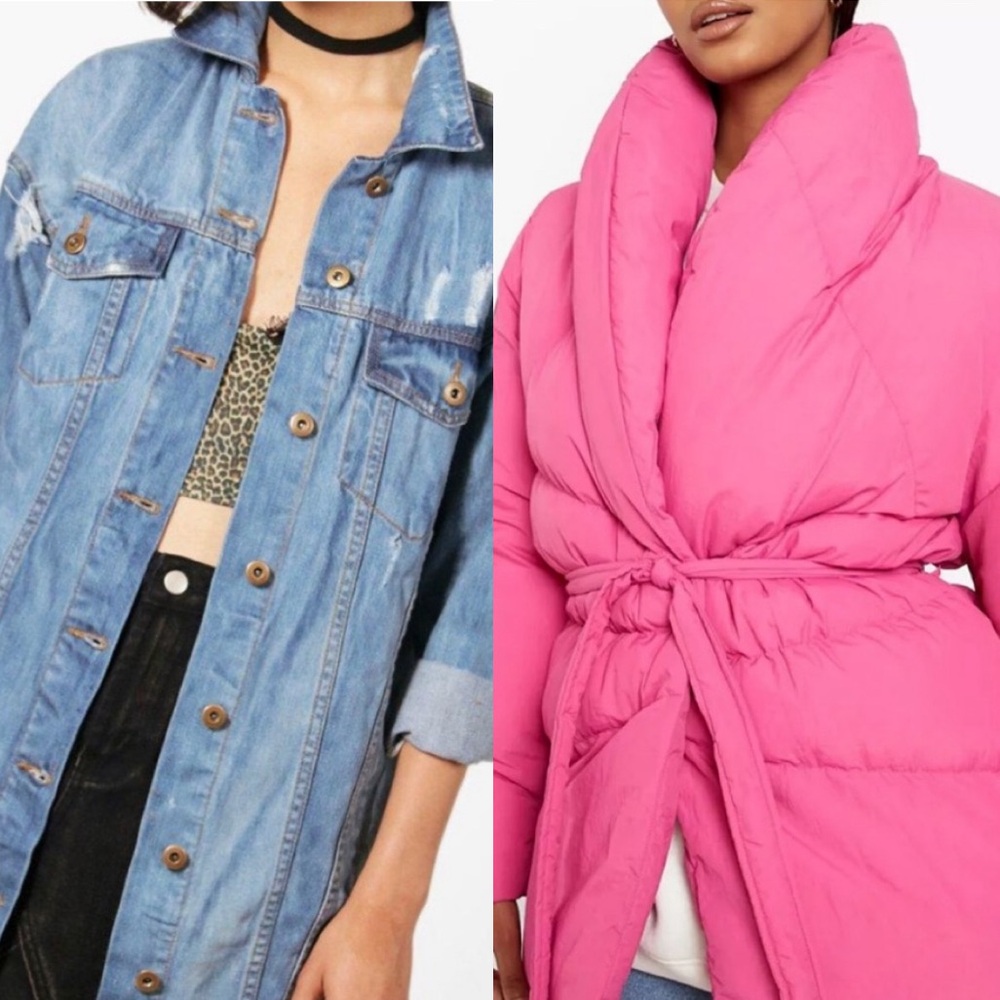 Boohoo denim and pink puffer jacket (sold separately)